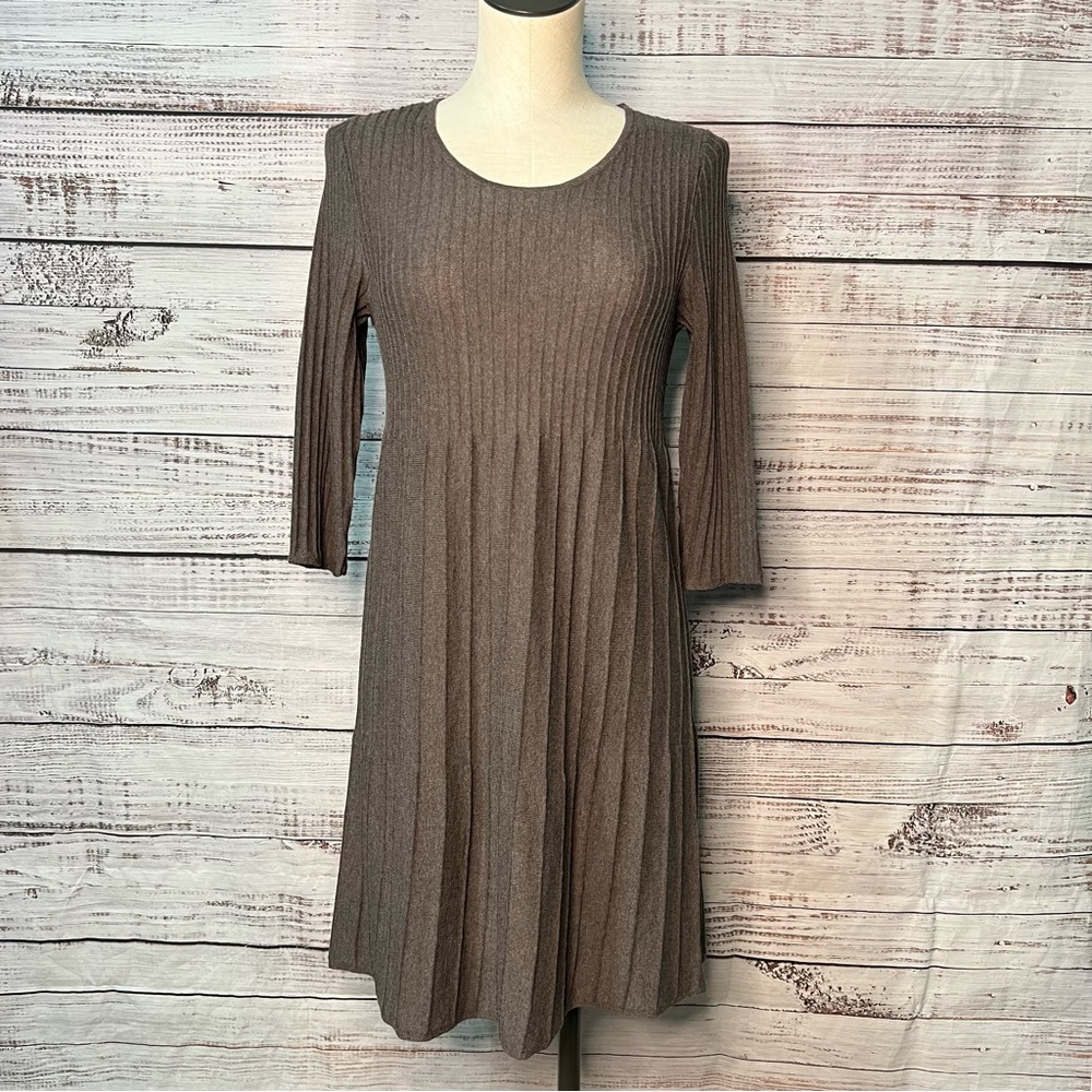 Eileen Fisher XS 100%‎ Wool Pleated Dress 3/4 Sleeve Mini Above Knee Gray